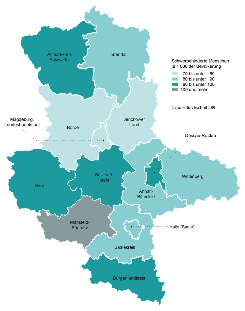 Schwerbehinderte Menschen je 1000 der Bevölkerung in den kreisfreien Städten und Landkreisen Sachsen-Anhalts am 31.12.2021 Schwerbehinderte Menschen je 1000 der Bevölkerung in den kreisfreien Städten und Landkreisen Sachsen-Anhalts am 31.12.2021
